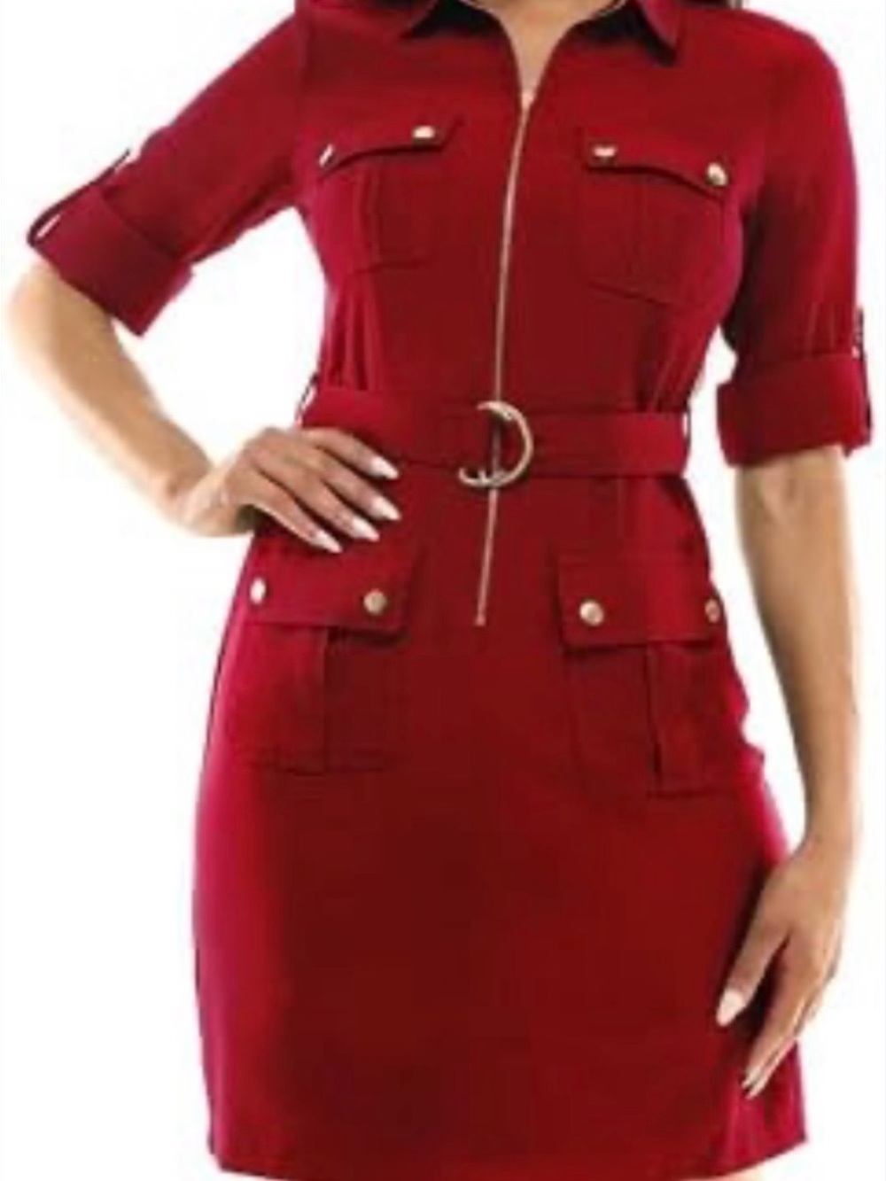 Sharagano Red Zip-Front Belted Mini Shirt Dress